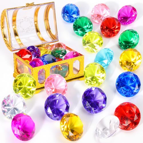 WZXJZTCY Diving gem Pool Toys Sand Toys,16 Big Colorful Diamond with Pirate Treasure Chest Summer Training Swimming Diving Underwater Toy Children's Game Gifts (Golden)