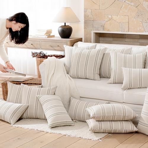Image of Hckot Throw Pillow Covers 18x18 Set of 2 Blue Pillow Covers Farmhouse Decorative Pillows Textured Linen Square Cushion Covers for Sofa Couch Bed Living Room Decor(Lake Blue)