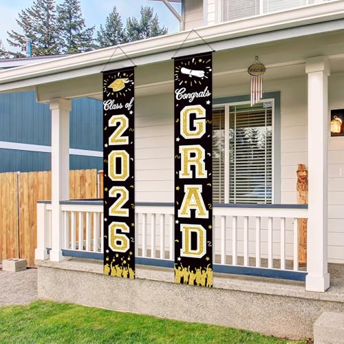 Image of 2026 Graduation Decorations, Black Gold Graduation Banner Class of 2026, Hanging Congratulations /Congrats Grad Porch Banner for Door Schools Grad Party Decorations Black