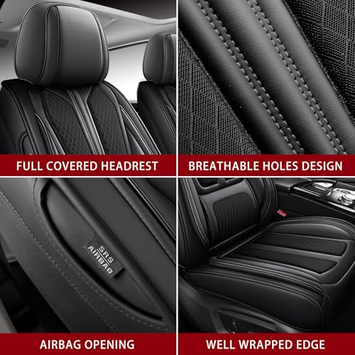 Image of Seat Covers Full Set,Nappa Leather Black Car Seat Covers for Front and Back,Waterproof Universal Fit Car Seat Cushion,Automotive Seat Protector for Most Sedans SUV Pick-Up Truck Sedans
