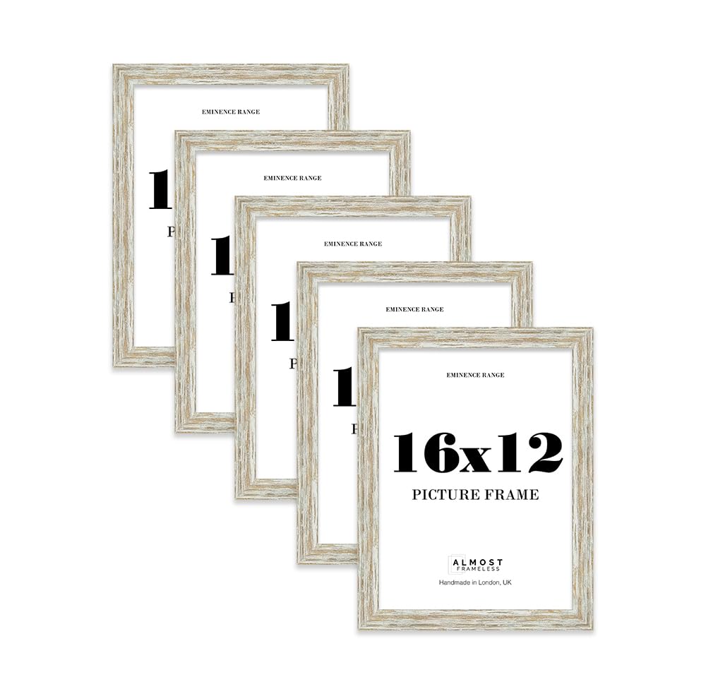 16x12" Distressed White Oak Picture Frame - Rustic Wood Industrial Effect Photo Frame for Wall Display, Ideal for Posters, Prints & Home Décor, Wall Hooks, 32mm Edge - 5 Pack