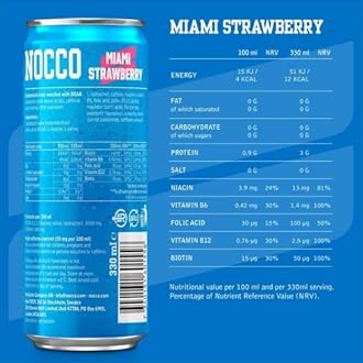 NOCCO Sugar Free Energy Drink – BCAA, 180mg High Caffeine, with Amino Acids & Vitamins, Ideal for Pre Workout – 12 x 330ml (Miami Strawberry)