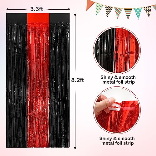 Black Red Tinsel Foil Fringe Curtains, 2 Pack 3.3x8.3 Feet Party Streamer Curtains for Birthday Party Decorations, Halloween Decor, Foil Curtain Backdrop for Bachelorette Party - Thumbnail 2