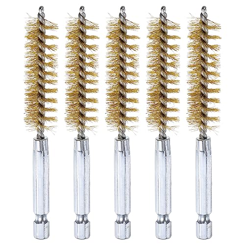 HARFINGTON 5Pcs Brass Bore Brush 14mm Dia 4" Long Cleaning Twisted Wire Brush with Handle 1/4" Hex Shank for Tubes, Ports, Bearings
