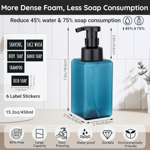Image of Segbeauty Plastic Square Foam Pump Bottle Refillable 15.2oz, 2pcs Empty Foaming Soap Dispenser Bathroom, Blue Foaming Pump Bottles with Label Stickers, Refillable Foam Soap Dispenser for Kitchen 450ml