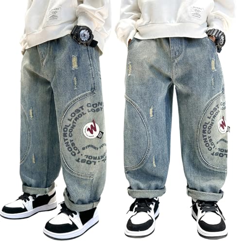 Tween Boys Ripped Jeans Elastic Waistband Straight Leg Denim Pants with Letter Graphic Printing for Boy Clothes