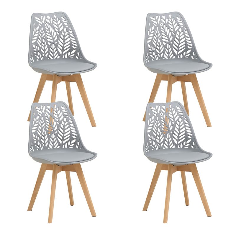 DEYARNA HOME Pack de 4 Sillas Nórdicas de Comedor, Sillas con Patas de Haya y Asiento Acolchado Tapizado en PU, Respaldo Ergonómico de PP con Diseño Calado de Hoja, para Cocina, Comedor, Salón, Gris