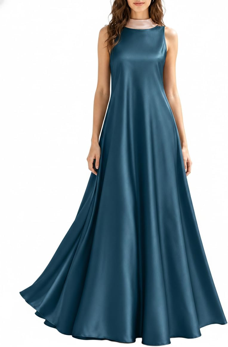 SUNSTORY Women's Maxi Satin Dress: 2026 Sleeveless Mock Neck A-Line Ruffle Flare Swing Flowy Long Italian Summer Tie Dresses