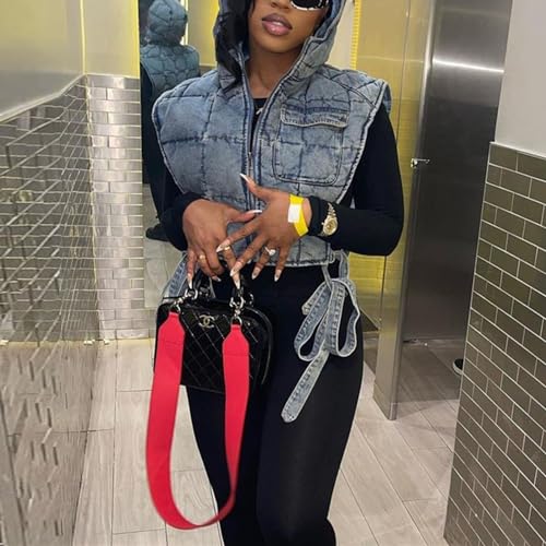 Womens Causal Sleeveless Hooded Denim Vest Zipper Padded Vest Relax Fit Jean Vest Outwear Cropped Vest Jacket3