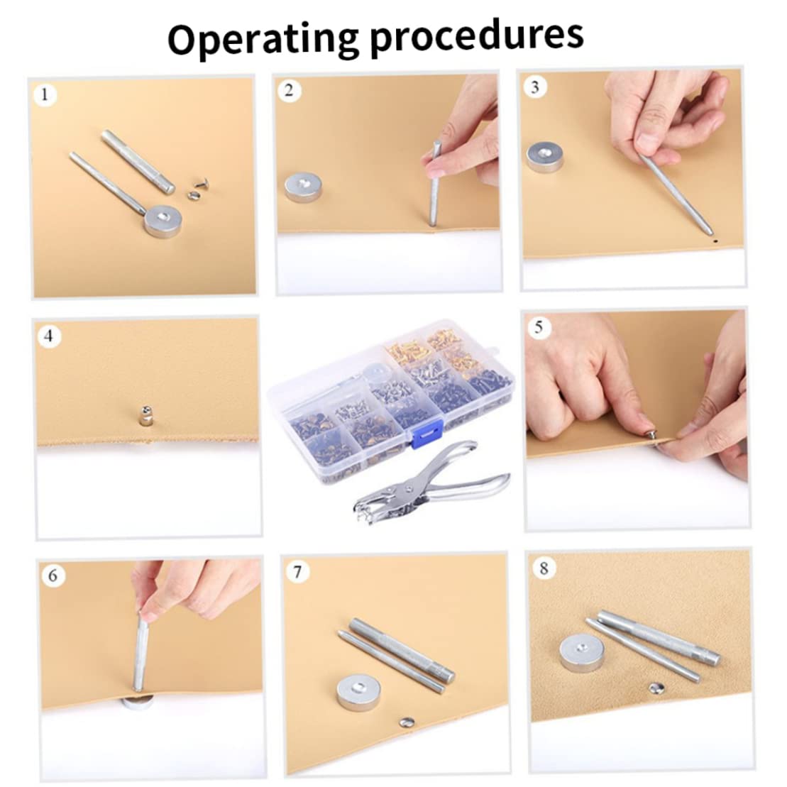MILEVO Juego de botones y remaches de cuero, 300 unidades/juego de pernos de metal tubulares de doble tapa con alicates perforadores, remaches de cuero de 12 mm/8 mm/6 mm para ropa de bricolaje