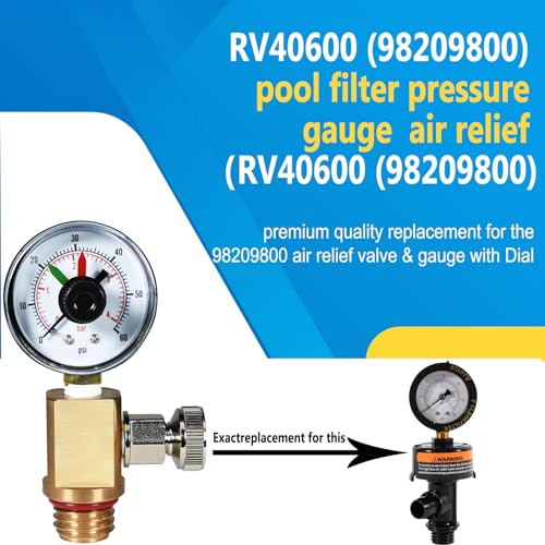 RV40600 (98209800) Brass High Flow Manual Air Relief Valve with Pressure Gauge, Compatible with FNS, Clean and Clear, Quad DE, 4000 Series Pool Filters, Replacement Part for Pool and Spa Filters