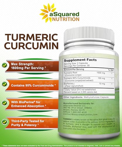 aSquared Nutrition Turmeric Curcumin 1600mg with BioPerine Black Pepper Extract - 180 Capsules with 95% Curcuminoids, 100% Natural Tumeric Root Powder Supplements, Natural Joint Stiffness Relief Pills - Thumbnail 5
