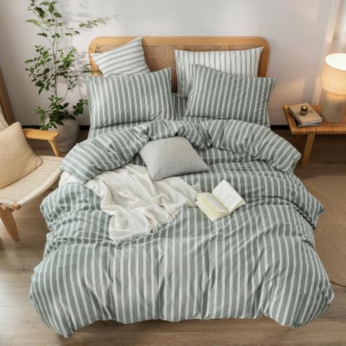 Image of BESTOUCH Striped Cotton Duvet Cover Set Linen Feel Alaska King | 100% Washed Cotton, Soft Wrinkle Texture, Hidden Zipper, 8 Ties, Breathable Lightweight Durable Comfy, 3 Pcs No Insert