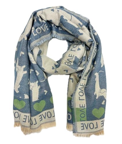 Jeamis XXL Hunde Dog Muster Dackel Strickschal Warmer Winter Schal Fashion Tuch Herbst Frühling Stola Wolle mit Fransen Tuch (LoveHund Jeansblau)