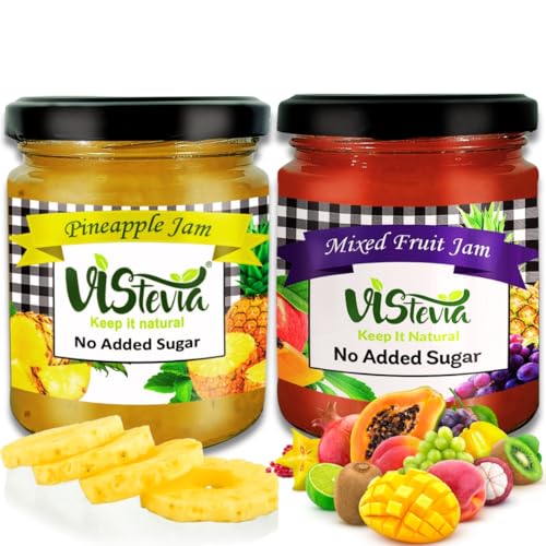 Image of Vistevia's Sugar Free Mixed Fruit jam and Pineapple Jam, Diabetic and Keto Friendly - Sweetened Naturally with Stevia, More Than 60% Fruit Content - Tastes Delicious - Pack of 2 (220 * 2 GM)