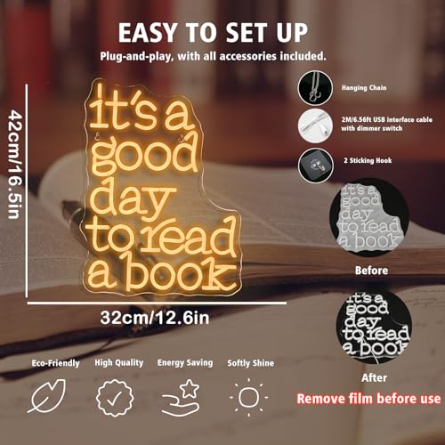 Image of Book Neon Sign for Reading Nook Decor Reading Wall Sign for Book Lovers USB Powered Dimmable LED Neon Light with 5 Brightness Levels Bookish Bedroom Decor It's a Good Day to Read a Book