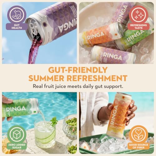 Image of RINGA Lemon Ginger Sparkling Hydration Drink - Organic Moringa + Apple Cider Vinegar with 3g Prebiotic Fiber - No Added Sugar, No Artificial or Natural Flavors - Gut Health & Daily Hydration - 12oz Cans (12 Pack)