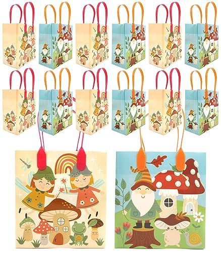 TINYMILLS Garden Gnomes Mushroom Woodland Fairies Party Favor Treat Bags Goodie Bags with Handles Pack of 12