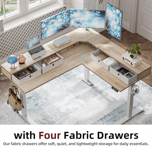 TIQLAB L Shaped 63 x 55 inch Standing Desk Adjustable Height, Electric Corner Standing Desk with 4 Drawers and Upper Shelf, Sit Stand Computer Table with Splice Board, Maple - Thumbnail 5