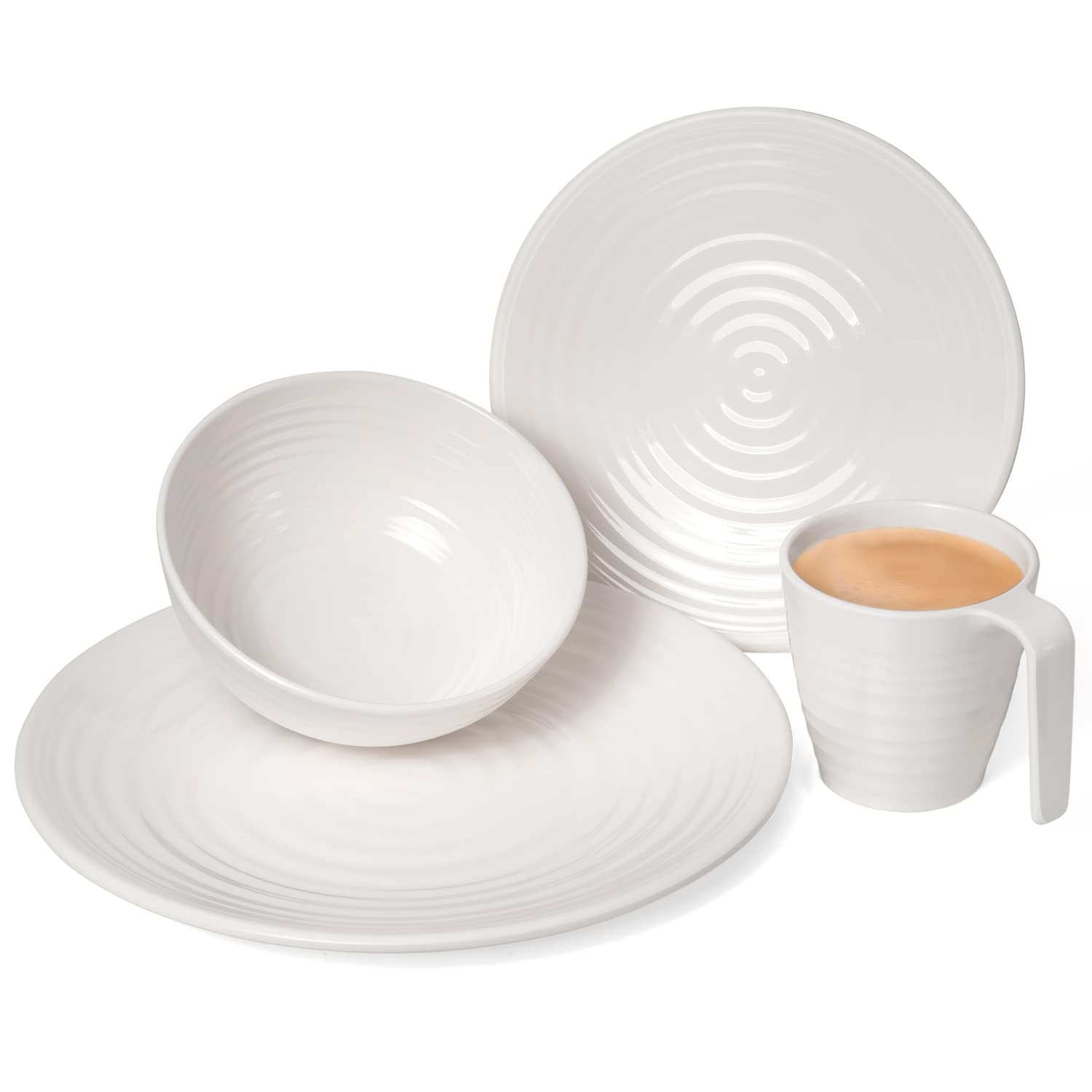 Melamina zestaw naczyń kempingowych dla 4 osób, Crema Design 16-częściowy + 16 szklanek Milano, kieliszki do wody, kieliszki do szampana, na piknik, do grillowania