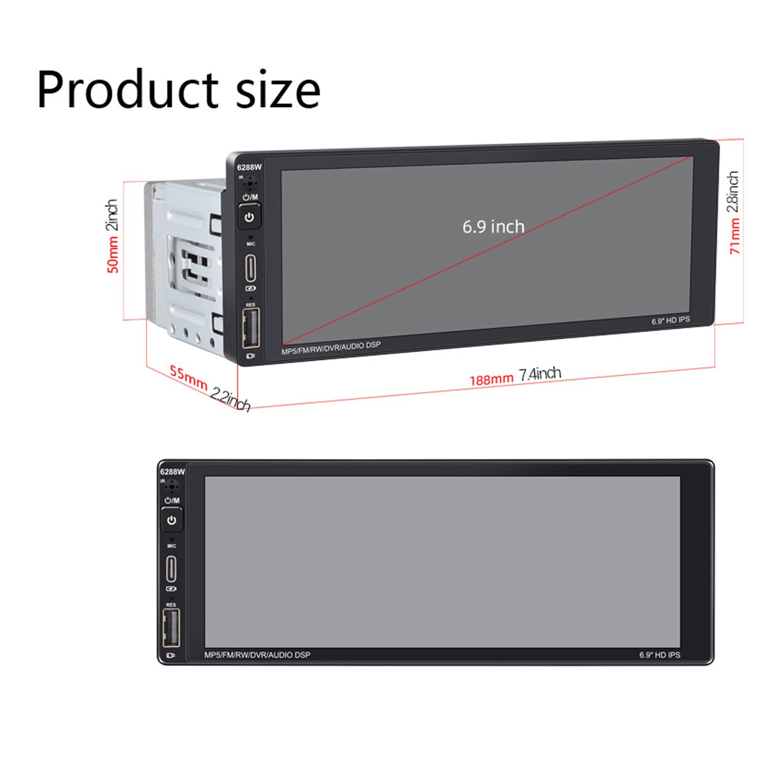 Radio samochodowe 1 Din z bezprzewodowym CarPlay Android Auto 6,9" ekran dotykowy Bluetooth Radio samochodowe z 12 diodami LED Widok z ty?u Obs?uga kamery FM AM RDS Radio Mirror Link USB typu C