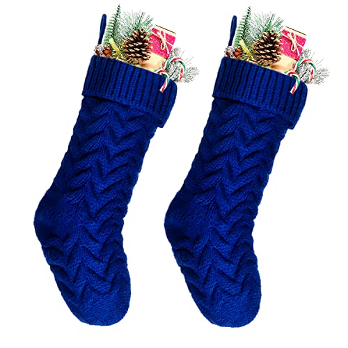 Kunyida Christmas Stockings, 18 Inch Blue Cable Knitted Stockings for Xmas Holiday Decoration, 2 Pack