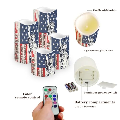Image of Statue of Liberty Flameless Candle 250th Anniversary Led Lights with Battery Operated Remote Control American Flag Independence Day Candles for Vintage Room Decor, 4 Pack