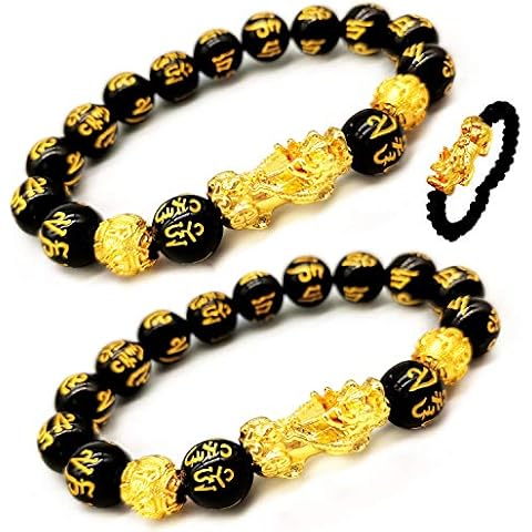 Feng Shui The Best 10mm Black Hand Carved Mantra Bead Bracelet with Golden Pi Xiu/Pi Yao Lucky Wealthy Amulet Brecelet (2pcs) Cover