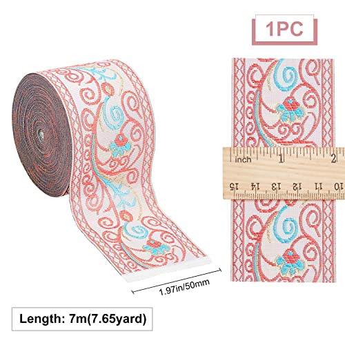 GORGECRAFT 7.65 Yard Embroidered Jacquard Ribbon 2" Width Vintage Embroidered Ribbon Floral Woven Trim Fabric for Embellishment Craft Supplies Pink - Image 2