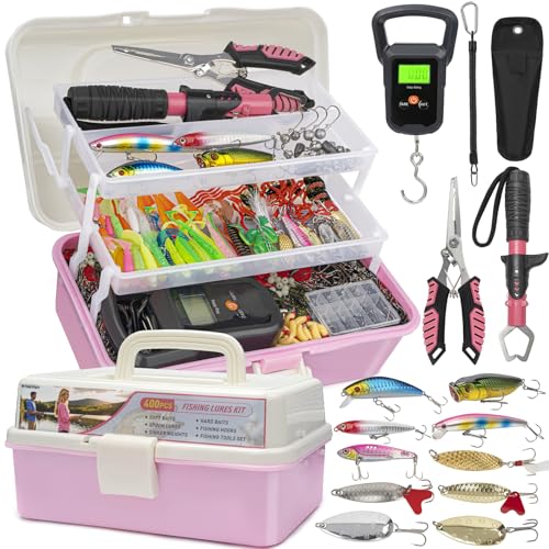 THKFISH 400PCS Fishing Lures Accessories Kit with Large 3-Layer Tackle Box Complete Freshwater Bass Fishing Gear Tools Set with Pliers Fish Scale Spinner bait Hooks Weights Sinkers Gift for Women