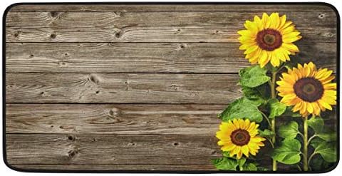 susiyo Kitchen Rug Mat, Yellow Sunflowers on Wooden Board Kitchen Mat Anti-Fatigue Comfort Floor Mat Non Slip Oil Stain Resistant Easy to Clean Kitchen Rug Bath Rug Carpet for Indoor Outdoor Doormat