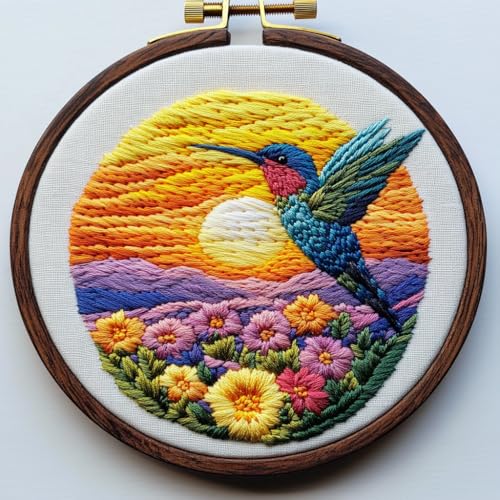 Image of DIY Punch Needle Kits Hummingbird and Sunset Flowers with Hoop 20x20cm-6 | with Pattern Stamped Easy for Beginners Embroidery Punch Needle Starter Craft Set for Adults Festival Gift and Decoration