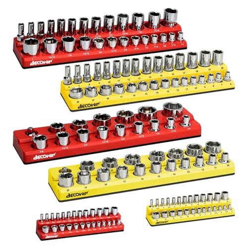 Magnetic Socket Organizer Set, 6 Piece Socket Holder Set 1/4", 3/8", 1/2" Drive Metric SAE Socket Trays, 141 Pieces Socket Holder for Standard and Deep Size Sockets (Socket not Included)