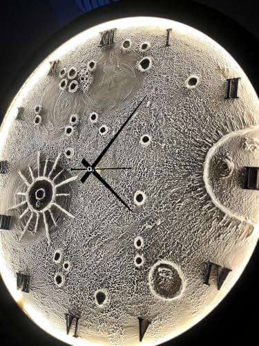 Image of Moon Lunar Wall Clock with Warm White 240 LED Strip | Handmade Moon Texture, No-Glass Design & Decorative Lighting | Includes 1m Wire, Adapter and AA Battery for Living Room, (18 inch)