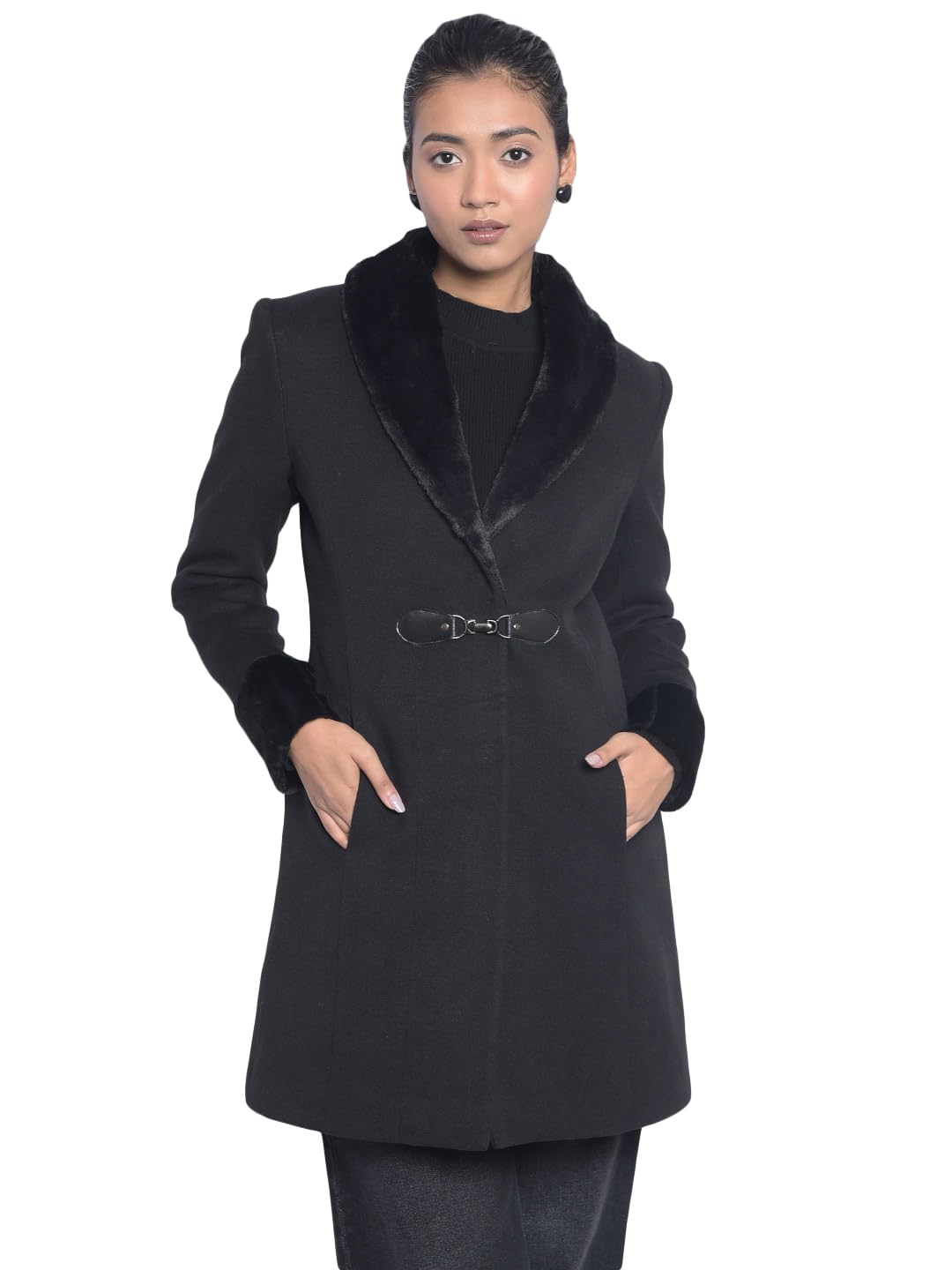 crimsoune club Women's Black Notched Lapel Collar Overcoat-picture-23