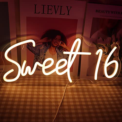 QiaoFei Led Sweet 16 Neon Sign Letters USB Powered with Dimmer Switch Neon Lights for Girls Room Home Art Wall Decor 16th Birthday Party Window Living Room Decor Birthday Gift for Teens (Warm white)