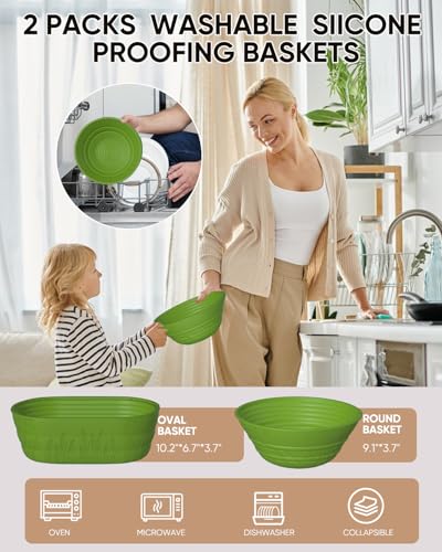 Image of Sourdough Bread Baking Supplies 34 OZ Sourdough starter kit with 2 Bread Proofing Basket - Green