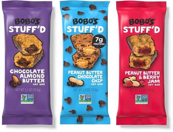 Bobo's Stuff'd Bars, Filled Oat Bar's, Chocolate Almond Butter, Peanut Butter Chocolate Chip, and Peanut Butter & Berry Jam, 2.5 Oune (Pack of 6) Gluten Free, Non-GMO, Vegan, Kosher, and Soy Free. Bundled with Make Your Day Bag Clip