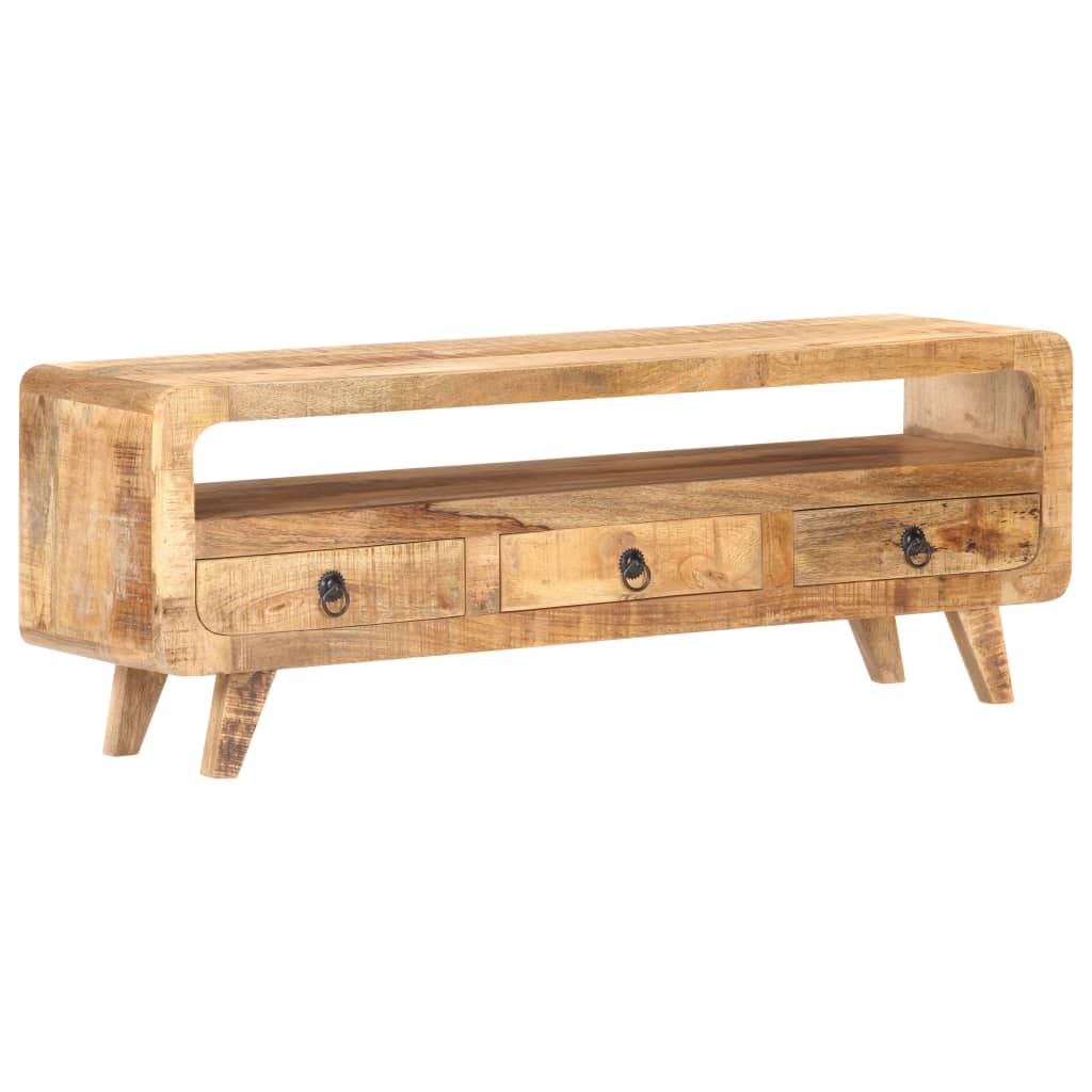 Hothingwell Szafka pod telewizor z litego drewna mango surowe 117x30x41 cm | 3 szuflady, 1 przegródka, miejsce na DVD i konsole, unikalne dzięki naturalnym smugom