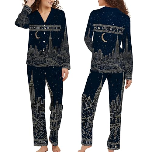 Light It Up City Quote Pajama Set Starry Skyline Sleepwear Inspired by Crescent Midnight Blue Fantasy Loungewear (2XL)