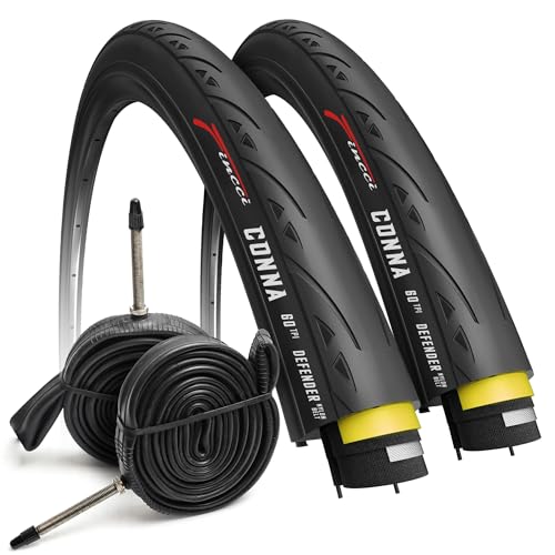 Fincci Rennradreifen 700x25c – 2er Set Slick- Faltreifen 28 Zoll mit 1 mm Nylon-Pannenschutz & 2X 25-622 Presta-Schläuchen, Fahrradmantel 28' 60 TPI für Rennrad, Carrera, Ebike, Straße & Tourenrad