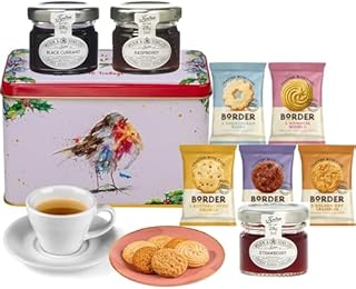 Breakfast Tea and Biscuits Gift Set Hamper with New English Christmas Robin Tea Tin bundled with Strawberry, Blackcurrant, and Raspberry Jams, and Luxury Borders Biscuits - Afternoon Tea Hamper