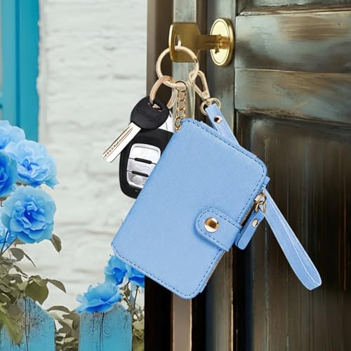 Image of M-Plateau RFID Blocking Keychain Wallet With Leather Wrist Strap | Keychain Wristlet, Womens Card Holder with Zipper Coin Pocket and ID Window (Sky Blue)