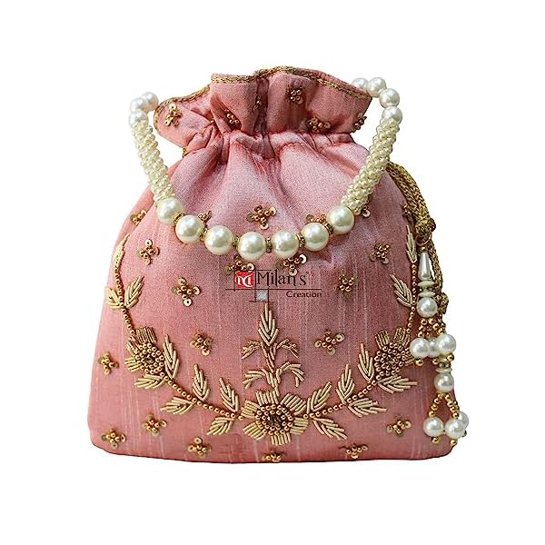 MILAN'S CREATION : Pearl & Zardosi Potli Bag Hand Embroidery Drawstring Potli Women's Handbag Purse With Pearl Handle & Tassel Purse