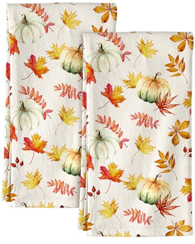 Image of Miss Adola 150GSM Flour Sack Kitchen Towels Set of 2, Pumpkin Leaf | 18 inchx26 inch, Lightweight, Lint-Free, Pure Cotton, Decorative, with Hanging Loop, Absorbent, Softer after Wash, Giftable Package
