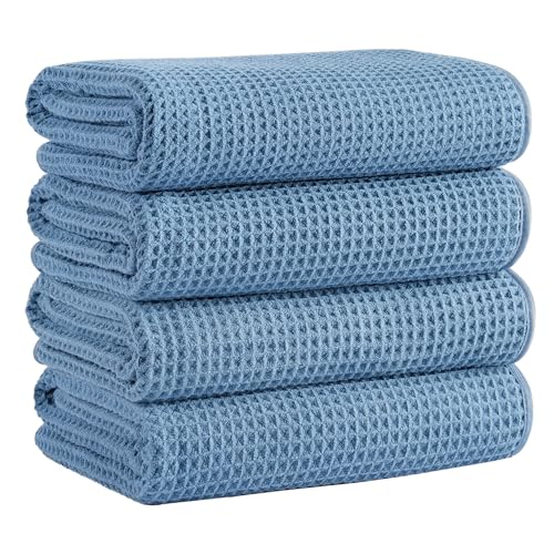 MICROFI Microfiber Waffle Bath Towels, 4 Pieces, Soft, Absorbent, Fast Drying, Lint Free (Blue)