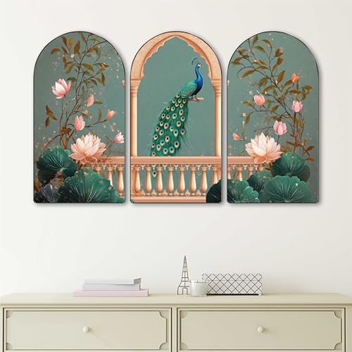 Image of Livin'luxe Peacock Wall Art | Set of 3 MDF Panel Paintings | Lotus Floral & Balcony Palace Theme Decorative Wall Hanging for Living Room, Bedroom & Home Interiors (20 x 30 Inch) RPNS-10
