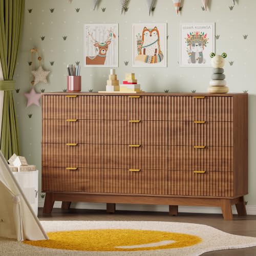 Image of BORNOON 57 inch Wide Dresser for Bedroom, 12-Drawer Fluted Dresser with Metal Handles, Wood Chest of Drawers with Smooth Slides and Stable Base, Storage Cabinet for Living Room, Nursery, Timeless Noir