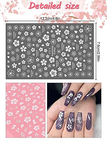 EBANKU 8 Hojas Flor Pegatinas Uñas Nail Art Stickers, flor de cerezo blanca 3D Pegatinas de Uñas Autoadhesivas, Autoadherentes Calcomanías Uñas para Decoración Uñas DIY Arte de Uñas