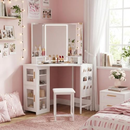 IDEALHOUSE Corner Vanity Desk Set with LED Lighted Tri-Fold Mirror,